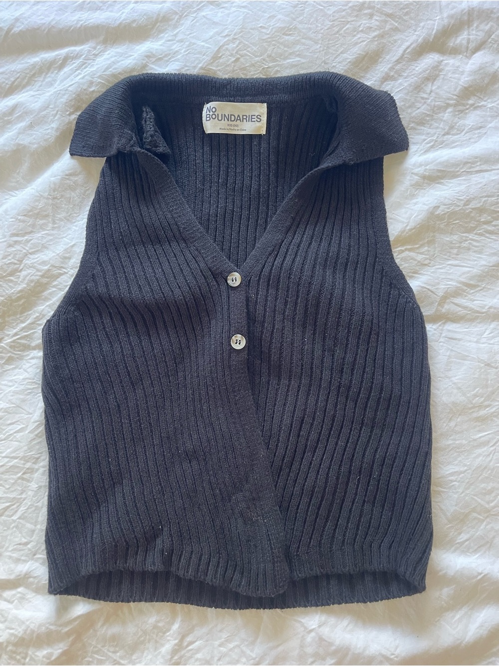 No Boundaries Black Ribbed Collared Button Vest